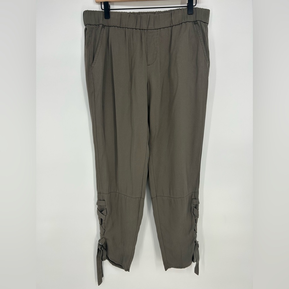 "NWT"‎ Ecru Pull On Olive Green Braided Hem Straight Leg Tencel Pants- Women's L